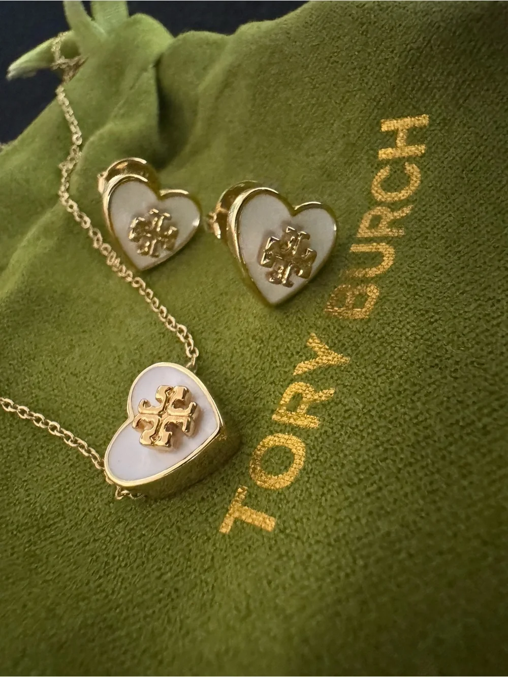 Tory Burch Gold and White Heart Logo Necklace with Matching Studs